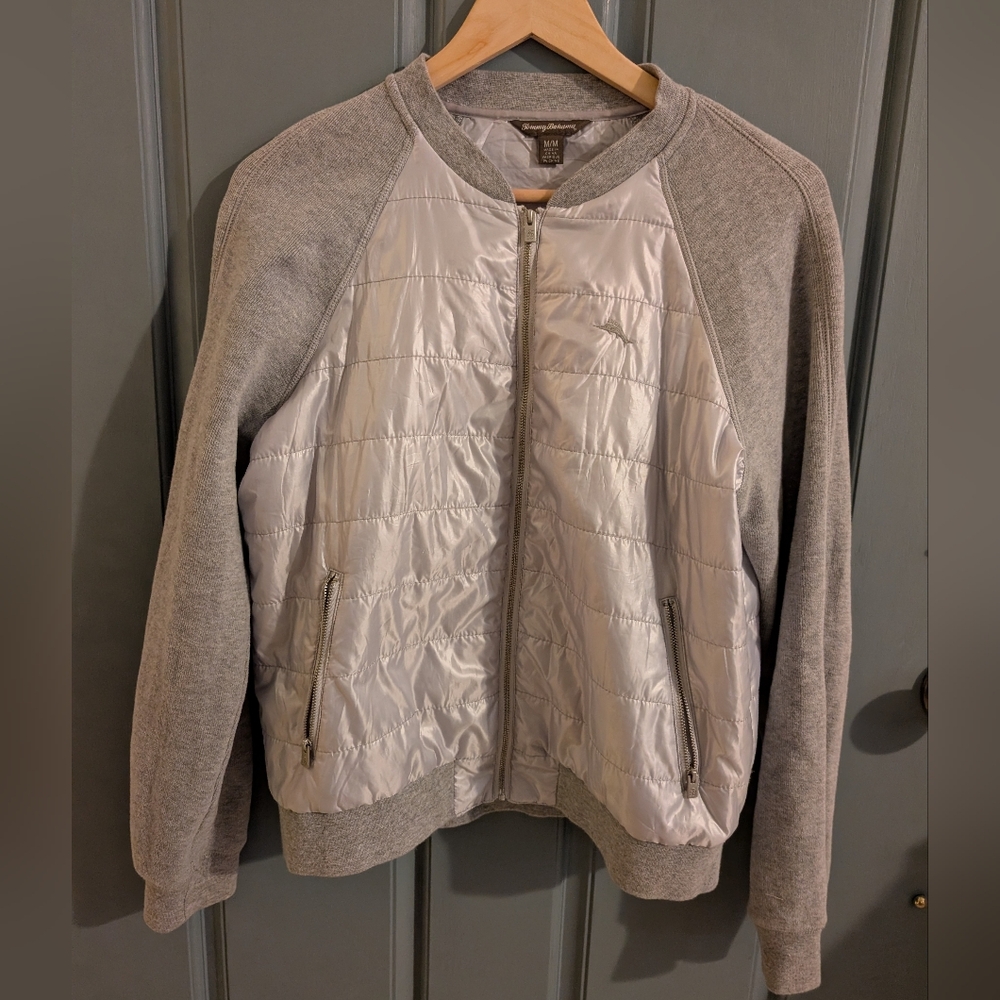 Women's Tommy Bahama glossy puffer jacket with Gray knit sleeve Women’s size M